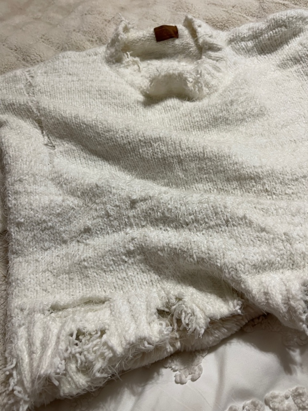 POL Distressed Cream Fringe Knit Sweater